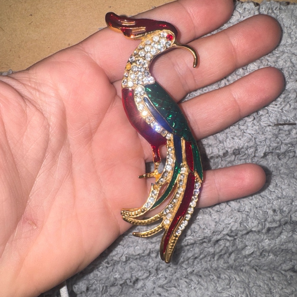 Crystal & Enamel Parrot Brooch in Red, Green & Gold